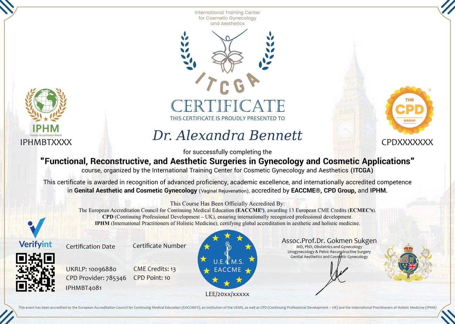 Sample ITCGA certificate showing the certificate number area and QR code
